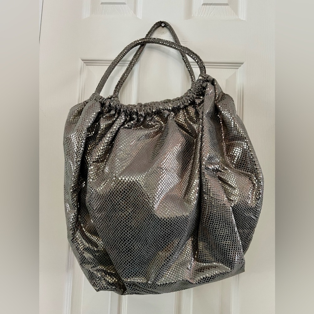 Daisy Fuentes Silver Metallic-Rouched-Faux Snake Print Hobo Slouchy Shoulder Bag
